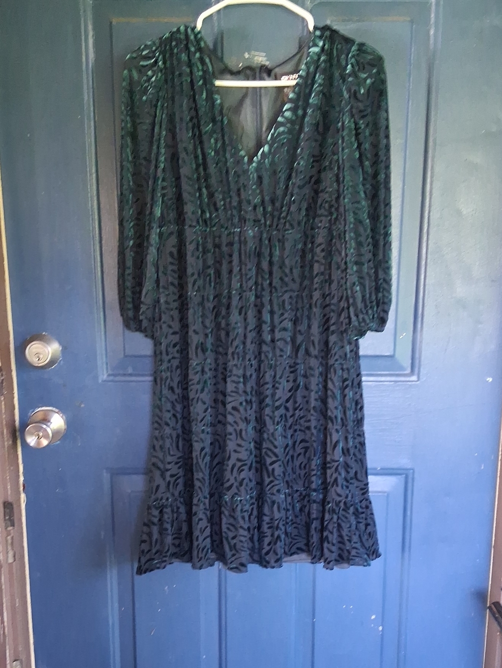Dkny Deep Teal Velvet Burnout V-Neck Long Sleeve Dress